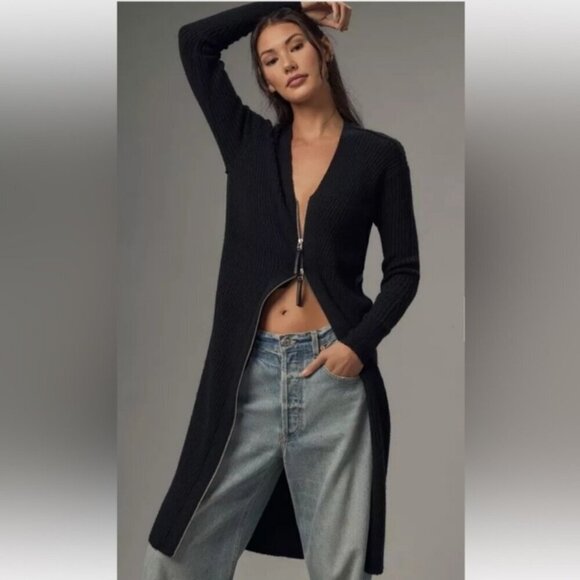 Anthropologie Sweaters - Anthropologie Pilcro Faux Leather Trimmed Zip Duster Cardigan Sweater Size Small